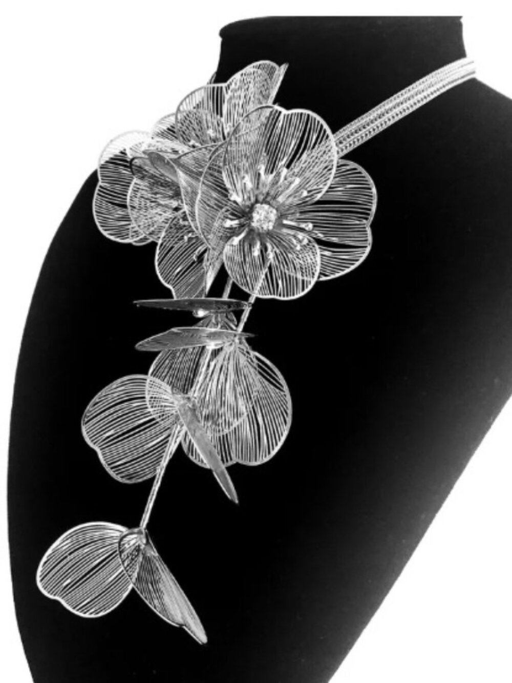 French Kande Silver Filigree Cascading Flower Statement Necklace + Orig.Dust Bag